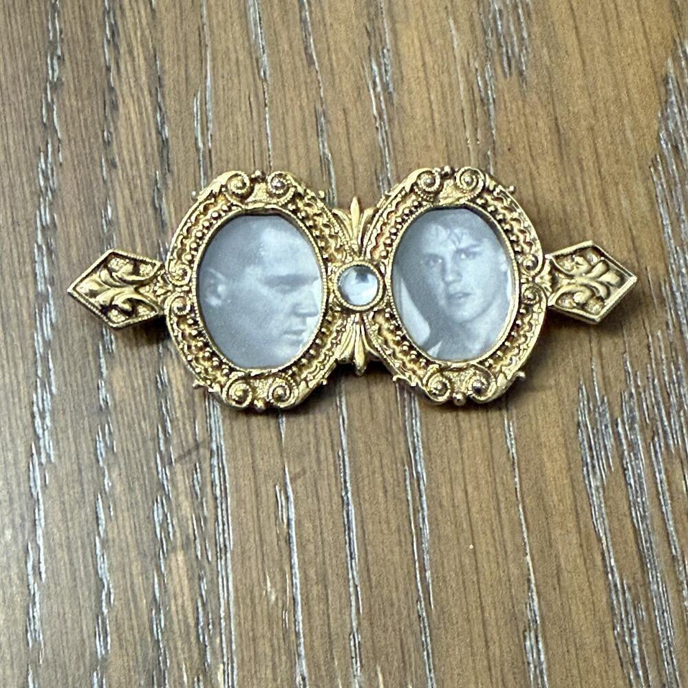 Gold Tone Double Oval Photo Locket Brooch Pin Rhinestone Filigree Portrait